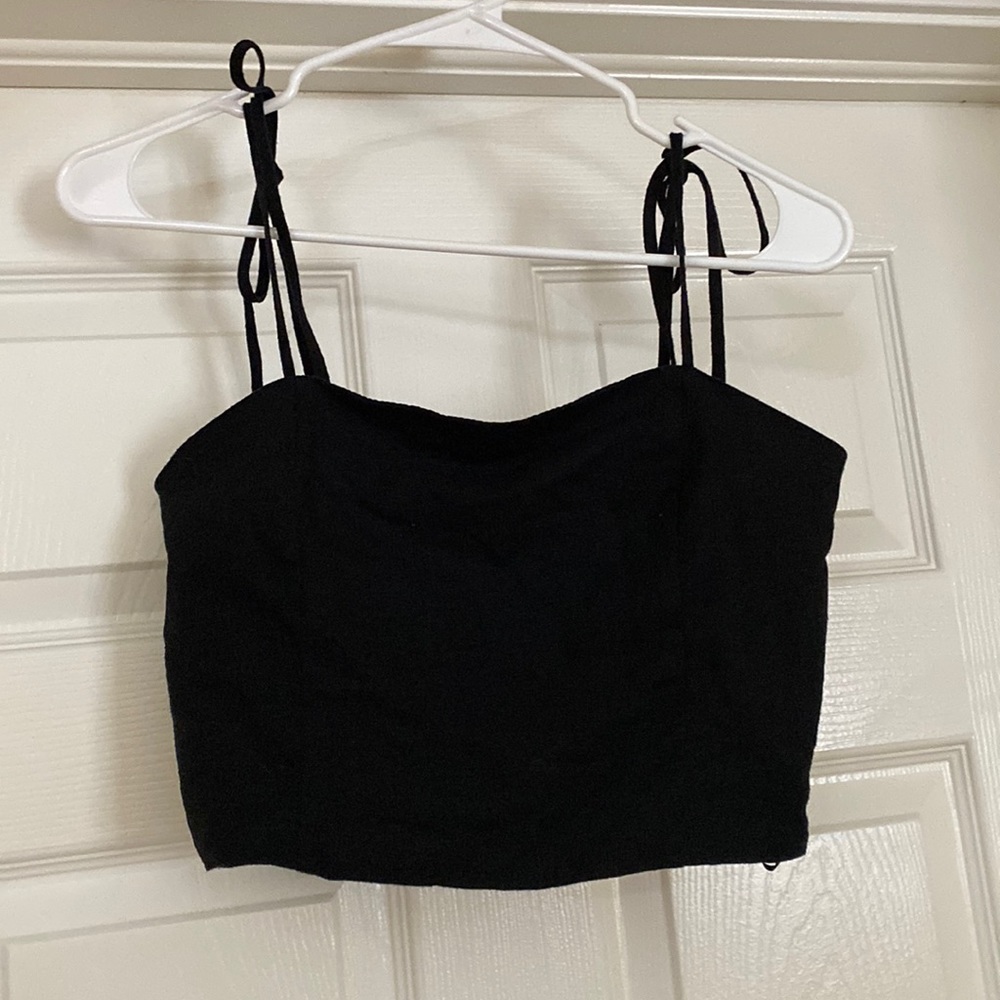 brand: Forever 21 SMALL . black cropped top with adjustable string tied straps